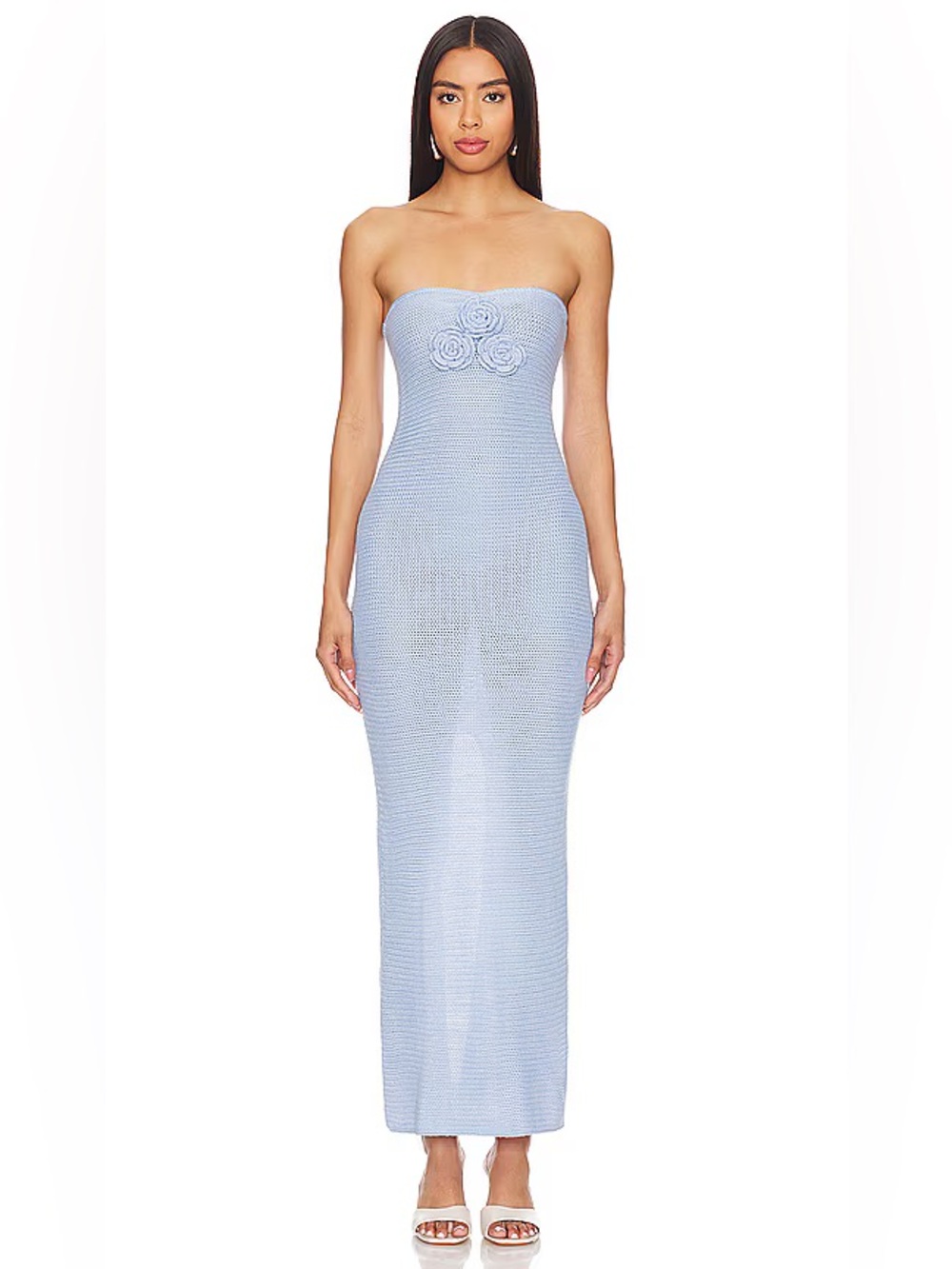 Strapless Light Blue Knit Maxi Dress with Floral Detail